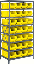 Quantum 2475-950YL Heavy Duty Shelving Unit with (8) Shelves and (28) QUS950 Yellow Bins for Industrial Warehouse Storage Distribution | 400 lbs Capacity | 24"D x 36"L x 75"H, Galvanized Carbon Steel