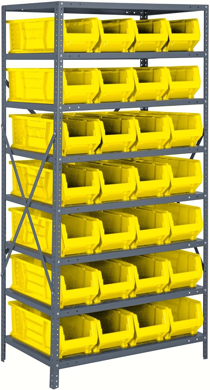 Quantum 2475-950YL Heavy Duty Shelving Unit with (8) Shelves and (28) QUS950 Yellow Bins for Industrial Warehouse Storage Distribution | 400 lbs Capacity | 24"D x 36"L x 75"H, Galvanized Carbon Steel