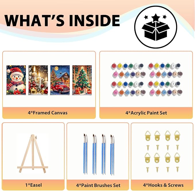 4 Pack Christams Paint by Numbers Kit for Adults with Frame and Wooden Easel, Christams Paint by Number Kit, Acrylic Painting Crafts for Home Decor Gift (7.8x11.8inch Snowman Candle Truck Tree)