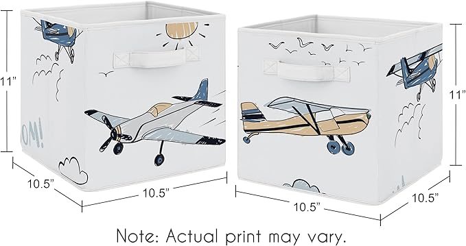 Sweet Jojo Designs Vintage Airplane Boy Collapsible Fabric Storage Cubes Foldable Bins Organizer Boxes Kids Baby Childrens Toys (Set of 2) Grey Green Blue White Yellow Airplanes Plane Transportation
