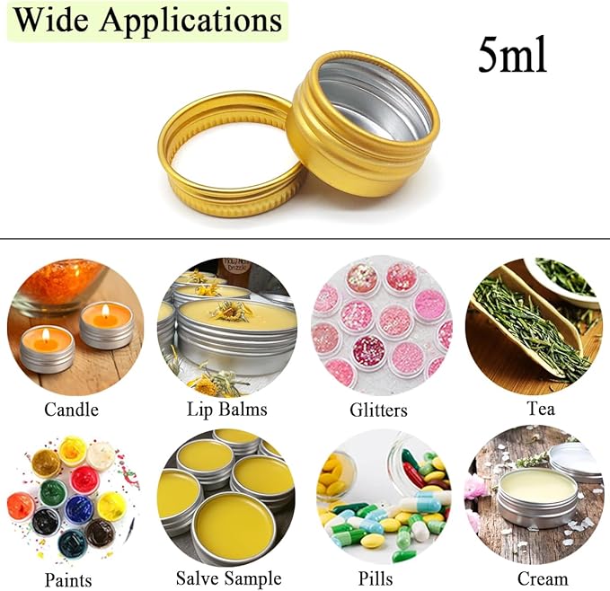 30 pack 5ml Lip Balm Tin Cans, 5g Mini Aluminum Makeup Sample Containers with Screw Lid, Empty Metal Tins Pot Storage Travel Jars for Cosmetic Cream Candle Tea, 5 Gram Small Tins, Gold Color