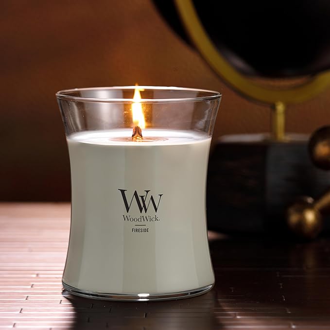 WoodWick Fireside Holiday Candle Gifts for Women and Men, 9.7 oz Medium Hourglass Candle with Crackling Wick