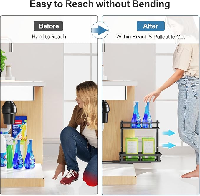 iSPECLE Under Kitchen Sink Organizer, 2 Pack L-Shaped Height Adjustable Pull-Out Cabinet Organizer for Center-Mounted Garbage Disposal & Plumbing, Heavy-Duty Sliding for 30-36 Inch Wide Sink Cabinets
