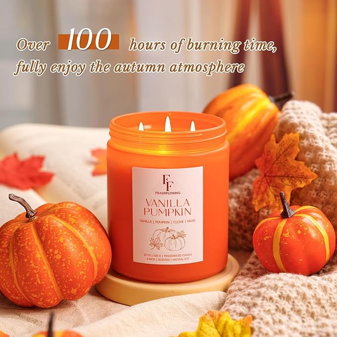 Large Christmas Fall Candle Vanilla Pumpkin Scented, 3-Wick 22oz Long Lasting Scented Candle, Natural Soy Wax Aromatherapy Candle for Home, Holiday Candle Gifts for Women Men