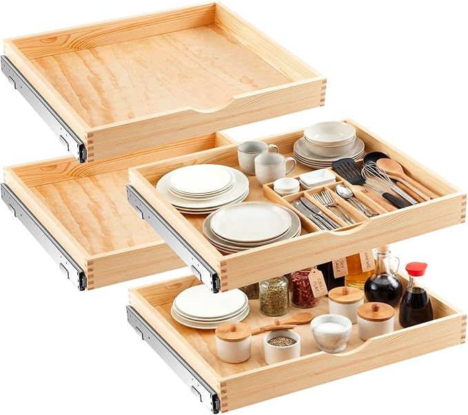 Sintuff 4 Pack Wooden Pull out Tray Cabinet Organizer Gentle Close Roll out Shelves for Kitchen Cabinets Fully Assembled Slide Pantry Shelves (26'' X 21'')