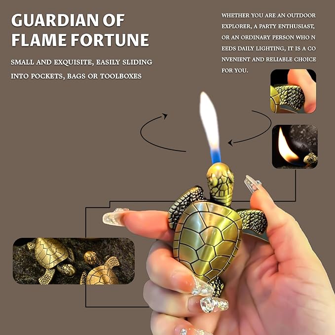 Torch Lighter for Men - Refillable Butane Lighter with Adjustable Jet Flame, Vintage Golden Turtle Design, Unique Desk Decor & Birthday Gift (No Butane Gas) (05)