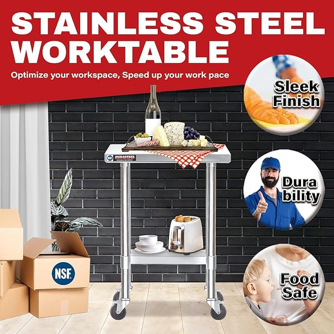 DuraSteel 24x12 NSF Stainless Steel Cart Work Table - Heavy Duty Rolling Food Prep Table - Metal Utility Cart on Wheels Caster, Grill Stand Microwave Outdoor Kitchen Tables Countertop Island Top Vevor