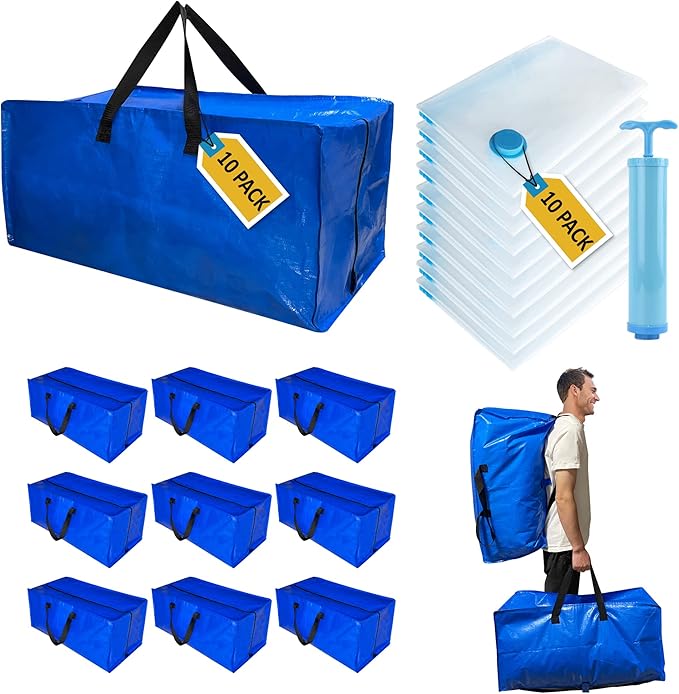 20 Pack Heavy Duty Extra Large Moving Bags with Backpack Straps & Vacuum Storage Bags, Moving Totes with Handles for Space Saving, Christmas Storage Bags for Wreaths, Garlands, Decoration & Ornaments