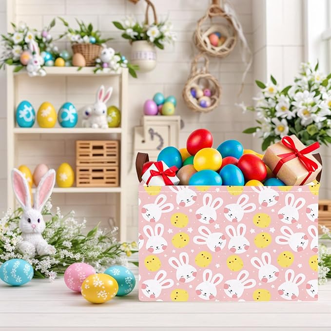 Large Cute Easter Basket for Kid Empty Gift Baby Rectangle Storage Bin Bunny Eggs Boy＆Girl Room Décor (Rabbit Chicken Star Pink)