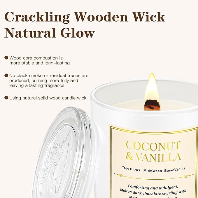 2 Pack Wood Wick Coconut & Vanilla Candle Gift Set – Long Lasting Soy Wax Candles with Gift Boxes, Holiday Aromatherapy Candles for Home Decor & Holiday Gifts
