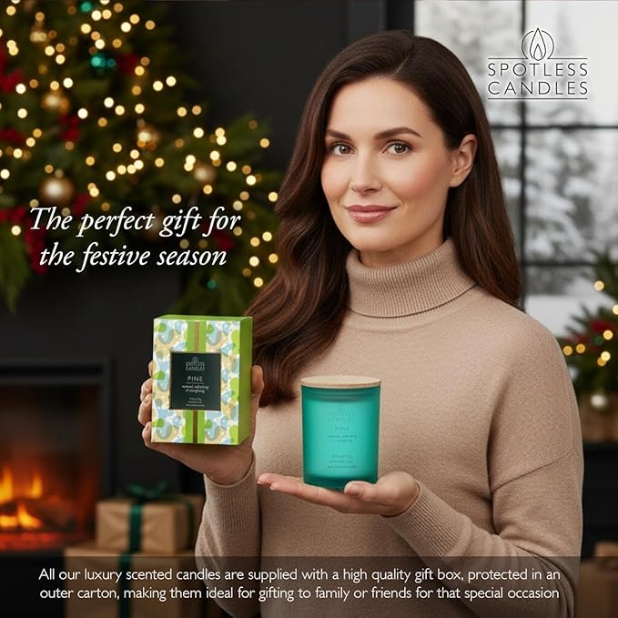 Pine Candle 9.7 oz: 55 Hrs Burn Time - Pine Scented Candles in Frosted Glass Jar with Wooden Crackling Wick in a Luxurious Gold Foil Lined Gift Box
