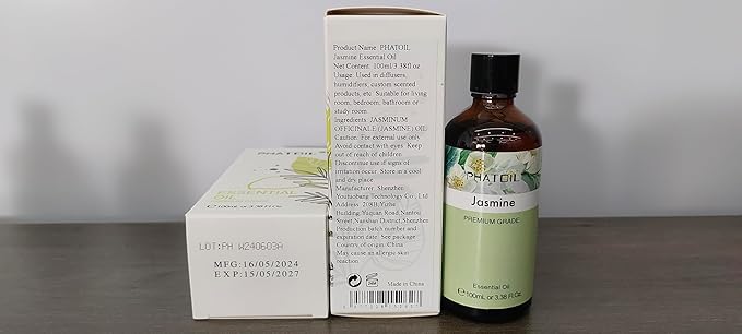 PHATOIL 3.38FL.OZ Jasmine Essential Oil with Glass Dropper, for Aromatherapy Diffusers, Humidifiers, Great for DIY Candle and Soap Making, Huge 100ML Bottle