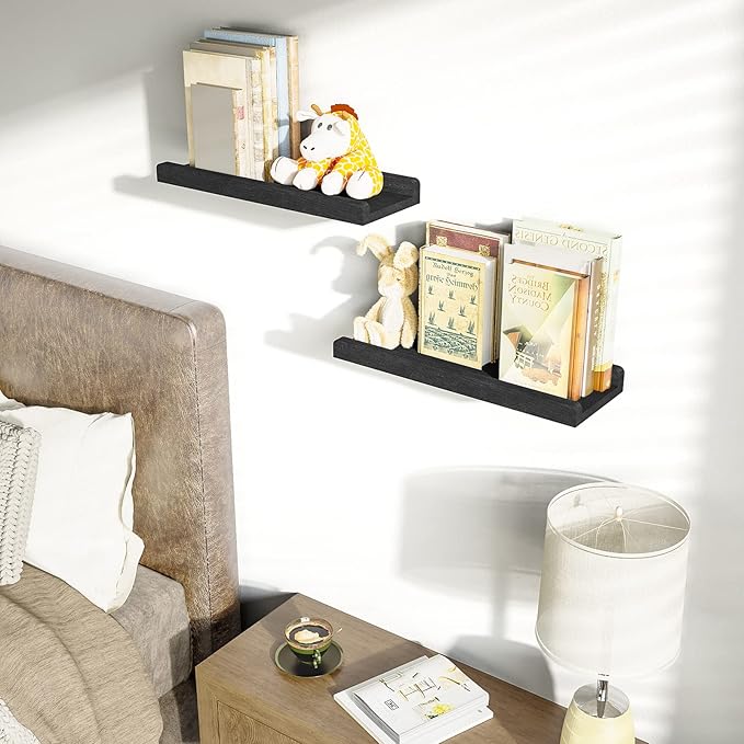 Love-KANKEI Floating Shelves Wall Mounted Set of 2, 17 Inch Rustic Wood Wall Shelves for for Storage, Bedroom Living Room Bathroom Kitchen Office and More Black