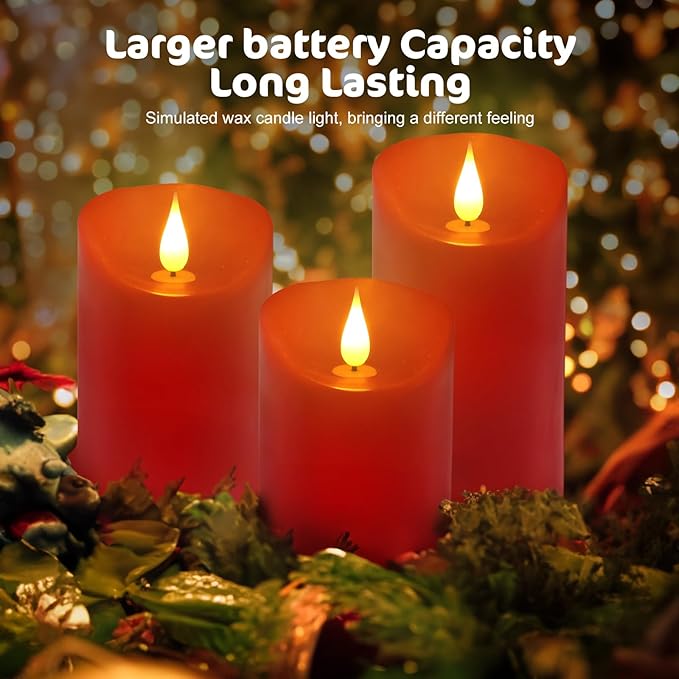 ALED LIGHT Red Real Wax Rechargeable Candles Flickering Realistic,Flameless Candles Rechargeable with Remote for Home Decor Idea Gift，Pack 3(D 3”X H 4”5”6”)