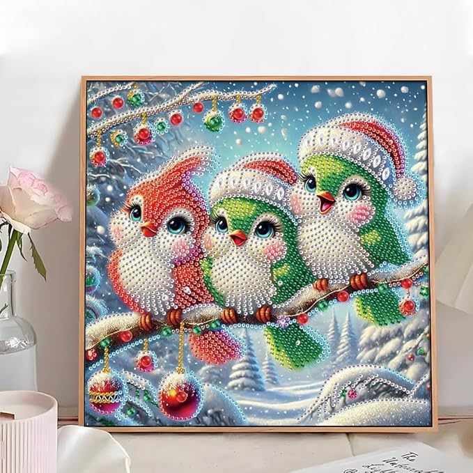 antor Christmas Diamond Painting Colorful Birds on Branches, 5D DIY Special Shaped Diamond Art Kits for Adults, Crystal Rhinestones Winter Holiday Diamond Painting Canvas, Christmas Home Wall Decor