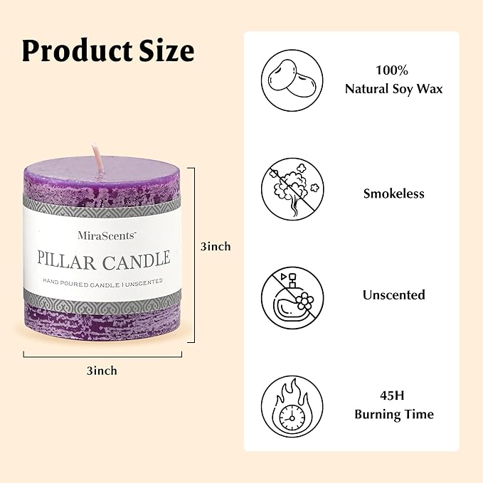 3x3 Inch Purple Pillar Candles Set of 3 - Hand-Poured Unscented Candles, Long Clean Burning, Large Big Candle, Smokeless Dripless Candle for Dinner Table, Wedding, Home, Bathroom, Rustic Decor