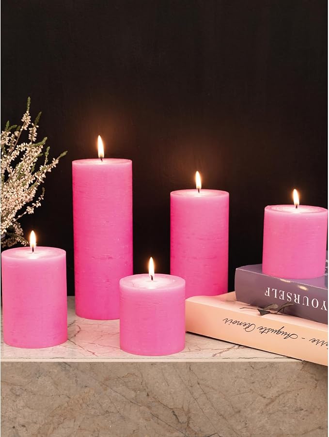 CANDWAX 3x3 Pillar Candles Set of 3 - Rustic Unscented Hot Pink Candles for Home Decor, Weddings, Gender Reveal Parties