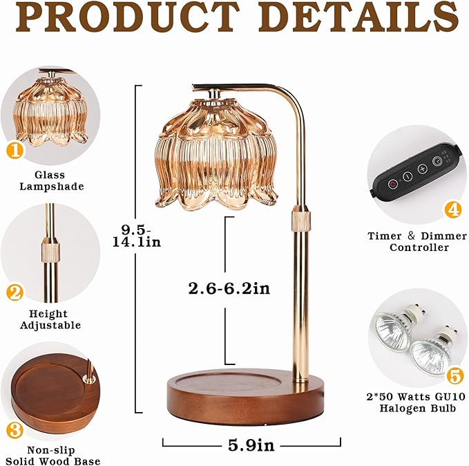 Funistree Candle Warmer Lamp for Yankee Candles, Height Adjustable Candle Heater Lamps with Timer, Christmas Birthday Gifts for Women Mom, House Warming New Home Room Decor, with 2 Bulbs