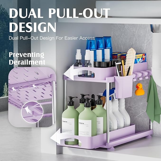 VERIFOST Under Sink Organizer - 2 Pack Adjustable Height, 2 Tier Organizers for Bathroom & Kitchen Sink, Purple