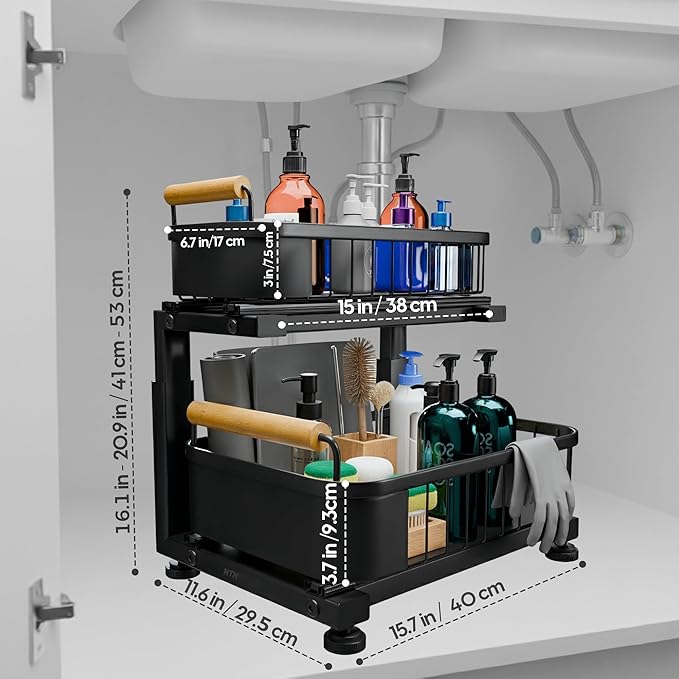 Premium Heavy Duty Carbon Steel Under Sink Organizer, Large 2 Tier Pull Out Cabinet Organizer, 7 Adjustable Heights with Smooth Ball Bearing Sliding Baskets for Bathroom & Kitchen
