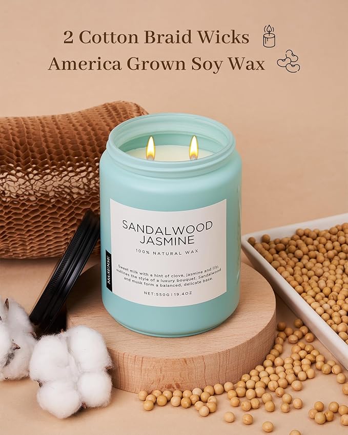 M&SENSE Sandalwood Jasmine Scented Candles for Home, 19.4oz Natural Soy Wax, 110-Hour Long Lasting, Non Toxic Soy Candles Clean Burn, Spring Smelling for Mom, Aromatherapy Gifts for Housewarming