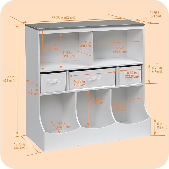 Badger Basket Combo Toy Storage Organizer and Bookshelf - Kids Storage Unit with 3 Removable Baskets, Open Shelves, Top Display Surface - White/Gray