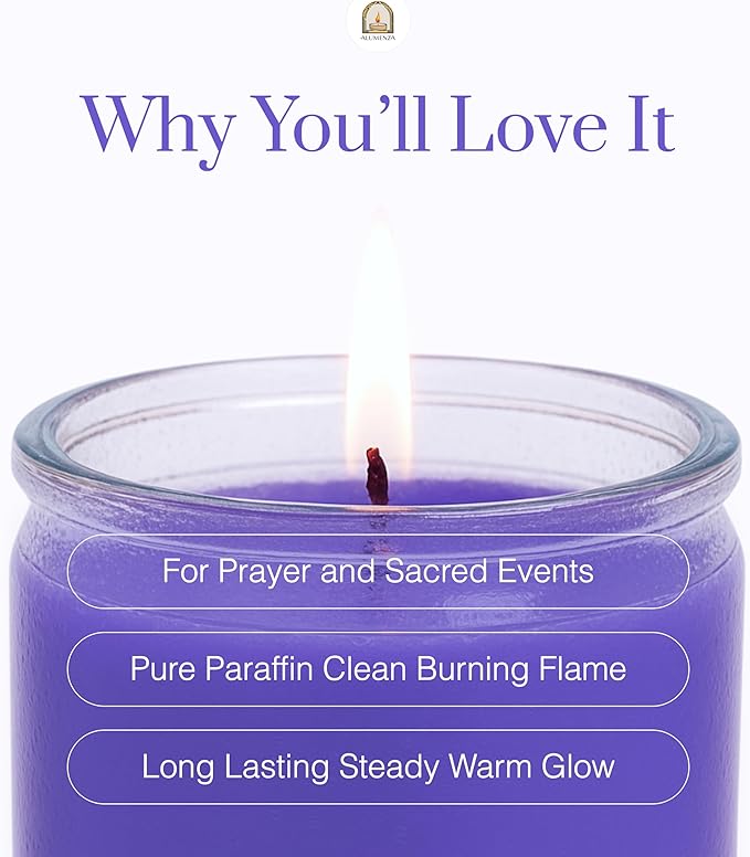 Bulk 6 Pack Purple 7 Day Candles in Glass Jar – Paraffin Wax, Clean Burning Unscented | Large & Tall Devotional Prayer Pillar Candles for Home, Memoria, Spells, Long Lasting