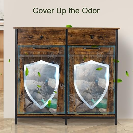 Clevich Double Tilt Out Trash Cabinet 20 Gal, Kitchen Wooden Recycling Cabinet, Hidden Garbage Can Holder w/Drawers & Tabletop, Dog-Proof Trash Bin Cupboard, Rubbish Bins NOT Included (Retro Brown)