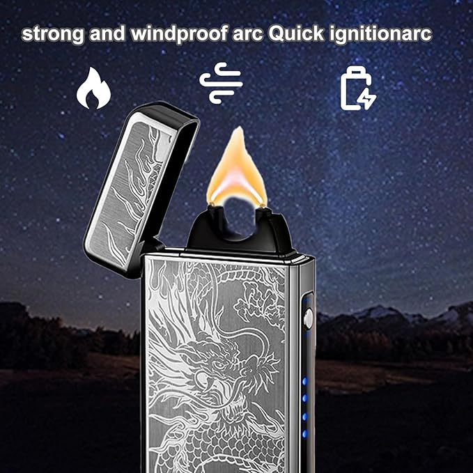 Electric Lighter Plasma Rechargeable with LED Battery Indicator Strong Flame, USB Convenient Charging, Windproof Lighter Outdoor(Black Dragon)