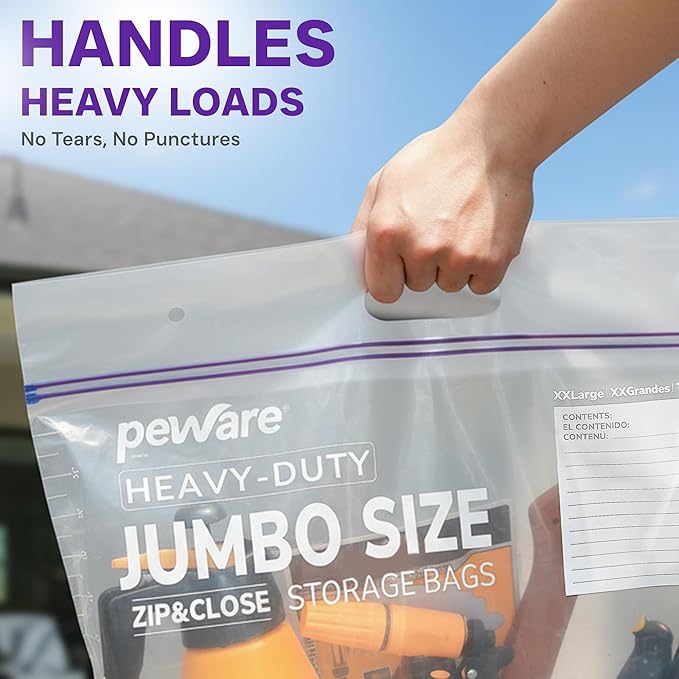 20 Gallon Heavy Duty Jumbo Storage Bags with Handle – 24" x 34" Resealable Zipper Top, Oversized Storage Solution for Clothes, Food, Pillow, Bedding, Household, BPA-Free, Pack of 15, 6 Mil Thick