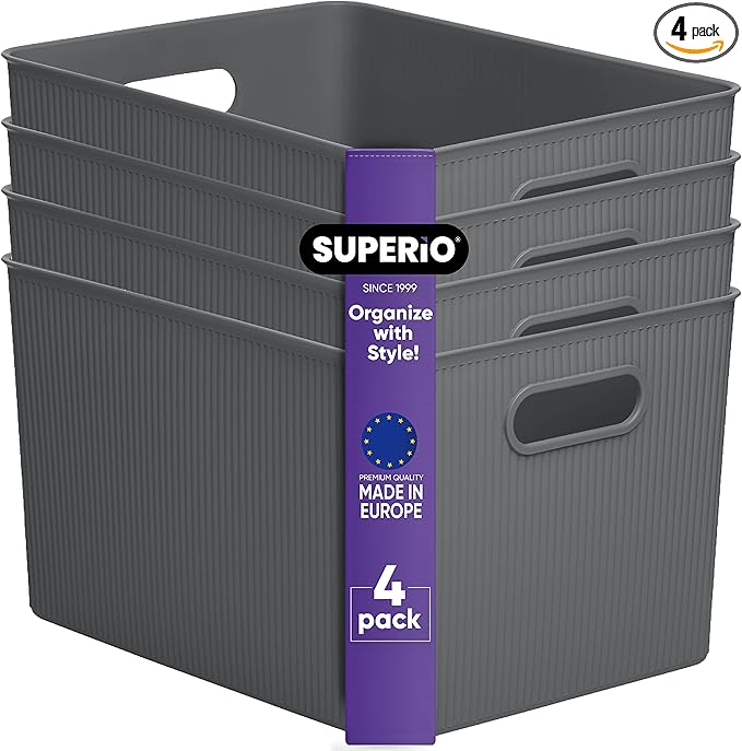 Superio Ribbed Collection - Decorative Plastic Basket Open Home Storage Bins Organizer, X-Large Grey (4 Pack) Container Boxes for Organizing Closet Storage Bins for Shelves 22 Liter/23 Quart