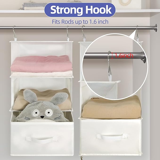 Twira 6-Shelf Hanging Closet Organizer, 2 Separable 3-Shelf Hanging Shelves, Hanging Storage with 3 Removanle Drawers 4 Side Pockets for Wardrobe, Nursery, Drom, Baby Clothes Organization White