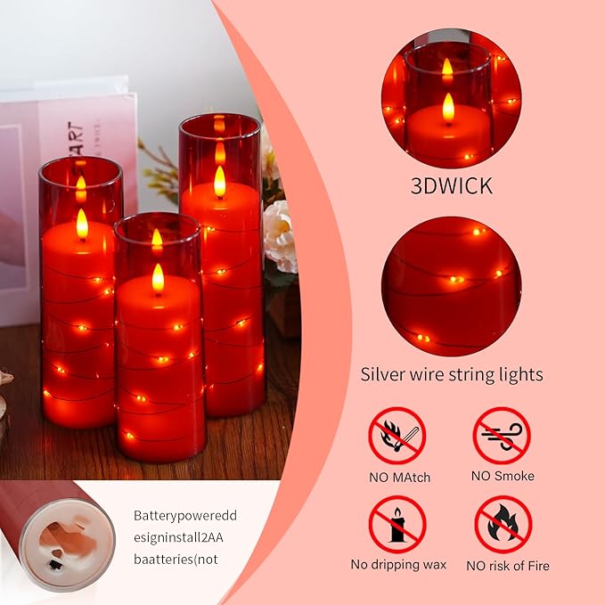Flameless Candles,with Embedded Star String, Battery Operated Candles Flickering LED Pillar Candles with Remote Control and Timer, Home Decoration Add a Warm and Romantic Atmosphere，Set of 7 (Red)