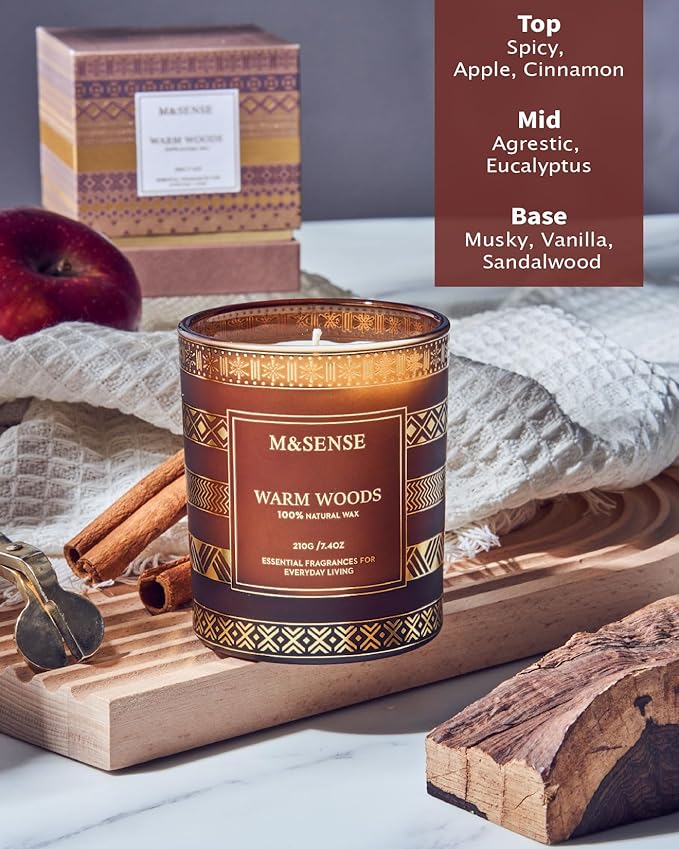 M&SENSE Warm Wood Christmas Soy Candle, 7.4oz 45 Hour Burn Time, Winter Home Fragrance Candle for Men & Women, New Year Holiday Gifts