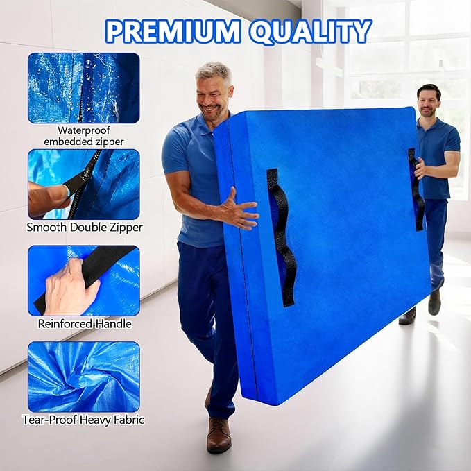 Heavy Duty Mattress Bags for Moving and Storage, Extra-Thick King Size Mattress Bag for Moving with 12 Handles, Reusable and Durable Storage Bag Protector with Zipper, Blue
