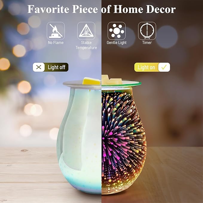 EQUSUPRO Wax Melt Warmer with Timer- Electric 3D Glass Wax Melter Candle Melt Warmer Wax Burner Fragrance Warmer for Scented Candles and Wax Melts to Home Office Gifts & Decor (Fireworks-Dimmer)