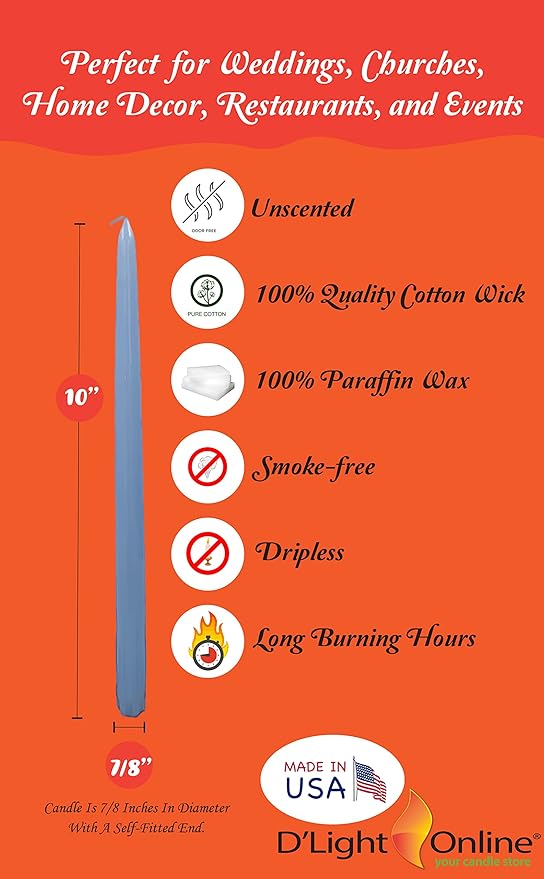 D'light Online Elegant 10" Light Blue Taper Candles, Premium Quality Hand-Dipped Tapered Candles, Dripless and Smokeles - Set of 12 Individually Wrapped (10 Inch, Light Blue)