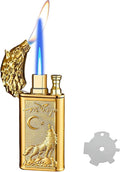 Torch Lighter, Relief Wolf Design Magic Dual Flame Lighter with Adjusting Flames Tool, Creative Windproof Lighters, Cool Jet Flame Refillable Butane Lighters for Outdoor Indoor-Gold Wolf