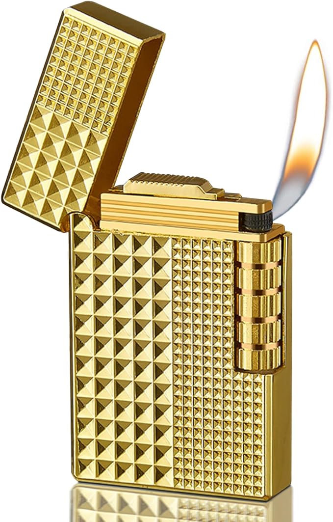 Unique Butane Lighter, MultiCut Geometric Diamond Design, Refillable Lighter Soft Flame, Flip-Top Metal Gold Side Wheel Frosted Pocket Lighter, Gifts for Men, Father, Husband (No Fuel)