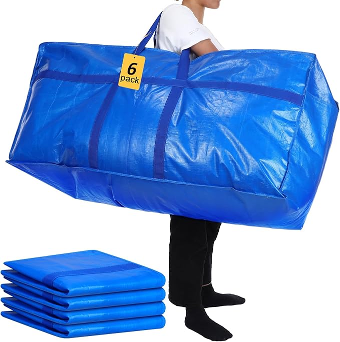 6 Pcs 66 Gallon Extra Large Moving Bags Heavy Duty Storage Bag with Strong Zipper Handle Foldable XXL Jumbo Storage Tote Packing Moving Box for College Dorm Travel Cloth Duffle (Blue)