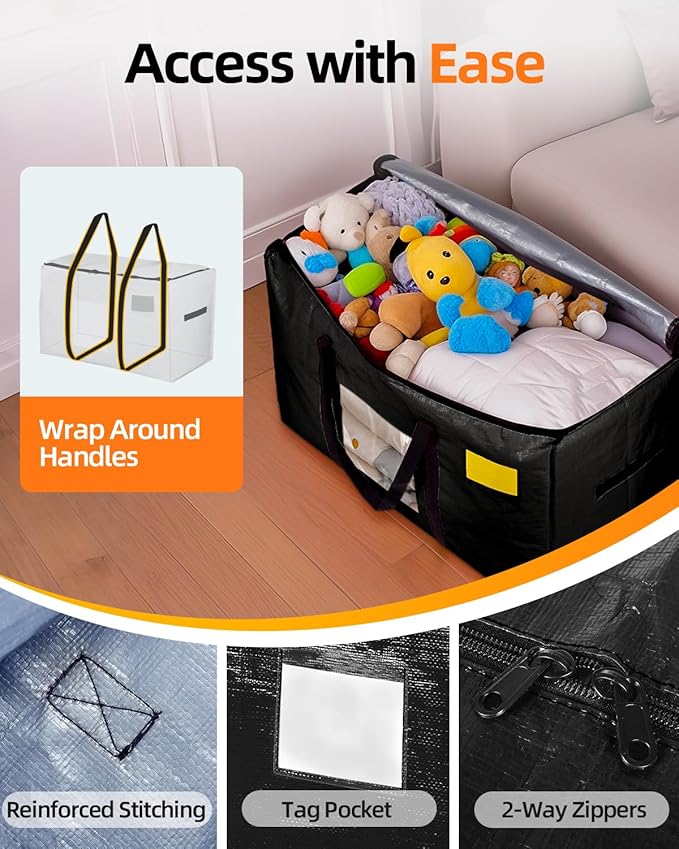 Extra Large Moving Bags, 6 Pack Heavy Duty Storage Bags Boxes Bins Totes with Hnadles Zippers Visible Window for Clothes College Dorm Travel, Black
