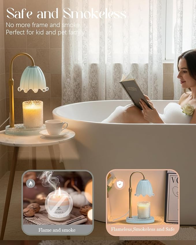 Flower Candle Warmer Lamp with Timer, Vintage Adjustable Glass Warmer Light for Jar Candles, Electric Wax Warming Melter, Gifts for Women Mom, Bedroom Decor (Pink-Flower) (Blue-Flower)