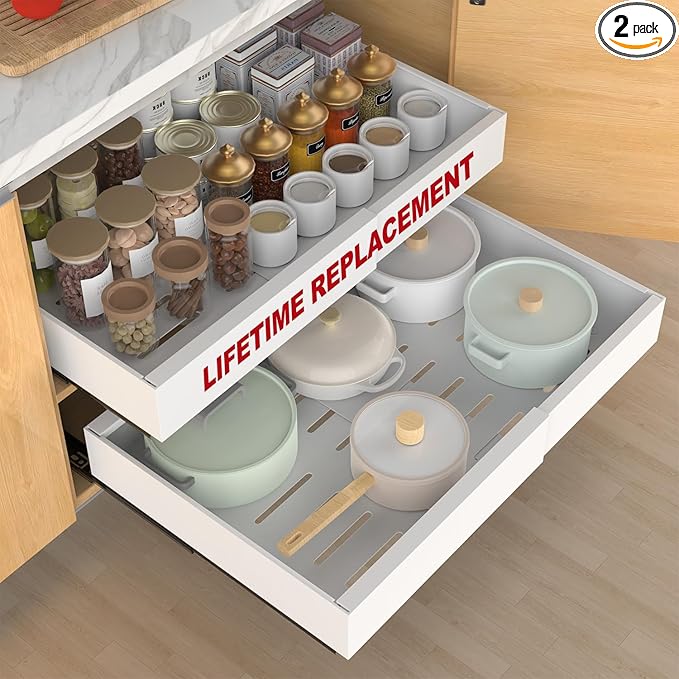 ANTOWIN 2-Pack Expandable Pull Out Cabinet Organizer 16.5"Deep(12.2"-20.5"W), 3 Full Extension Glides Slide Out Drawers, Roll Out Shelves Adhesive Raising Pad,Compatible Framed Cabinets,90lb Cap,White