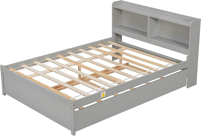 Harper & Bright Designs Full Size Bed Frame with Trundle, Full Size Platform Bed with Twin Trundle Under, Grey