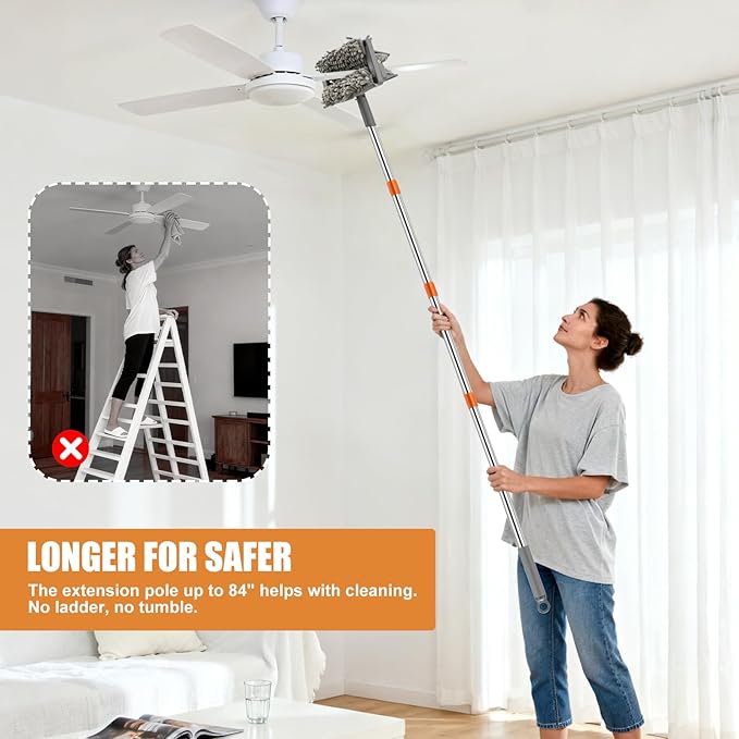 CALBEAU Ceiling Fan Cleaner Duster with 84'' Extension Pole, Baseboard Cleaner Tool with Handle, Reusable Chenille & Microfiber Pads for Dusting Ceiling Fan Baseboard Wall Window Floor