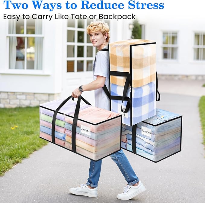 BlissTotes 6-Pack Large Moving Bags with Backpack Straps & Strong Zippers, Heavy-Duty Storage Bags Moving Boxes for Space Saving, Dorms, Transport, 125L-30 Gallons, Clear