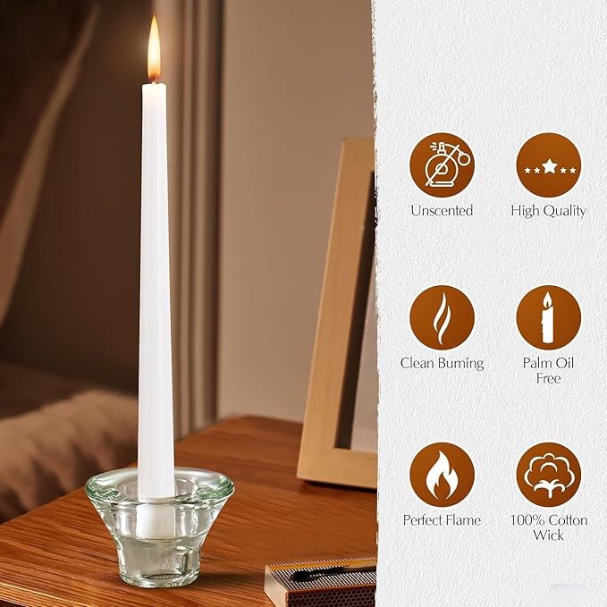 16 Pack White Taper Candles, 7-8 Hours Burn Time, Unscented, Smokeless and Dripless, 4/5 x 10 Inch for Christmas,Household,Dinner,Wedding,Valentine's Day,Party and Home Décor Candlesticks