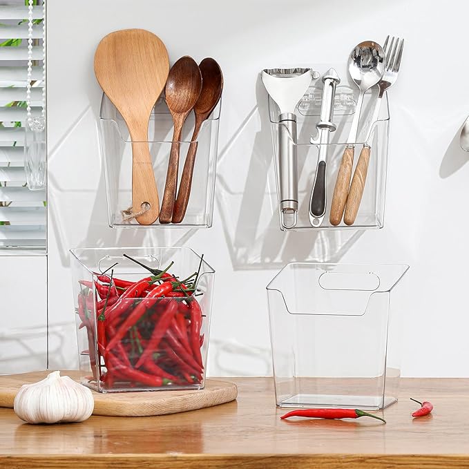 Clear Acrylic Pen Holder, 4 Pack Cabinet Door Organizer Adhesive, Bathroom Wall Mount Caddy Kitchen Plastic Storage Bin Box for Office Marker,Art Supply, Small Cleaning Supply, Seasoning Drink Packet