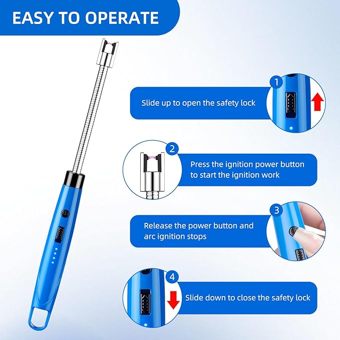 Candle Lighter Electric USB Rechargeable Plasma Arc Lighter with 360° Flexible Neck,LED Power Display,Safety Lock,Windproof Flameless,Long Arc Lighters Matches,4 Pack(HB-088B-4Pcs)