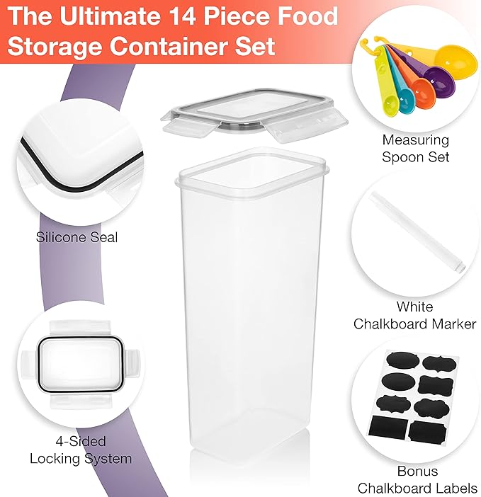 ClearSpace Airtight Food Storage Containers with Lids –14 Pack Kitchen Organization Set, Pantry Organization and Storage, Plastic Canisters with Lids - Cereal Containers Storage, Flour, Sugar (Black)